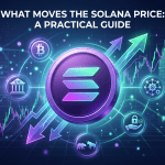 Graphic titled "What Moves the Solana Price: A Practical Guide," featuring a glowing 3D Solana logo in the center. It is surrounded by dynamic financial charts, upward and downward arrows, and interconnected circular icons representing market drivers like Bitcoin, ETFs, network activity, security, and bull/bear market trends against a dark, high-tech background.
