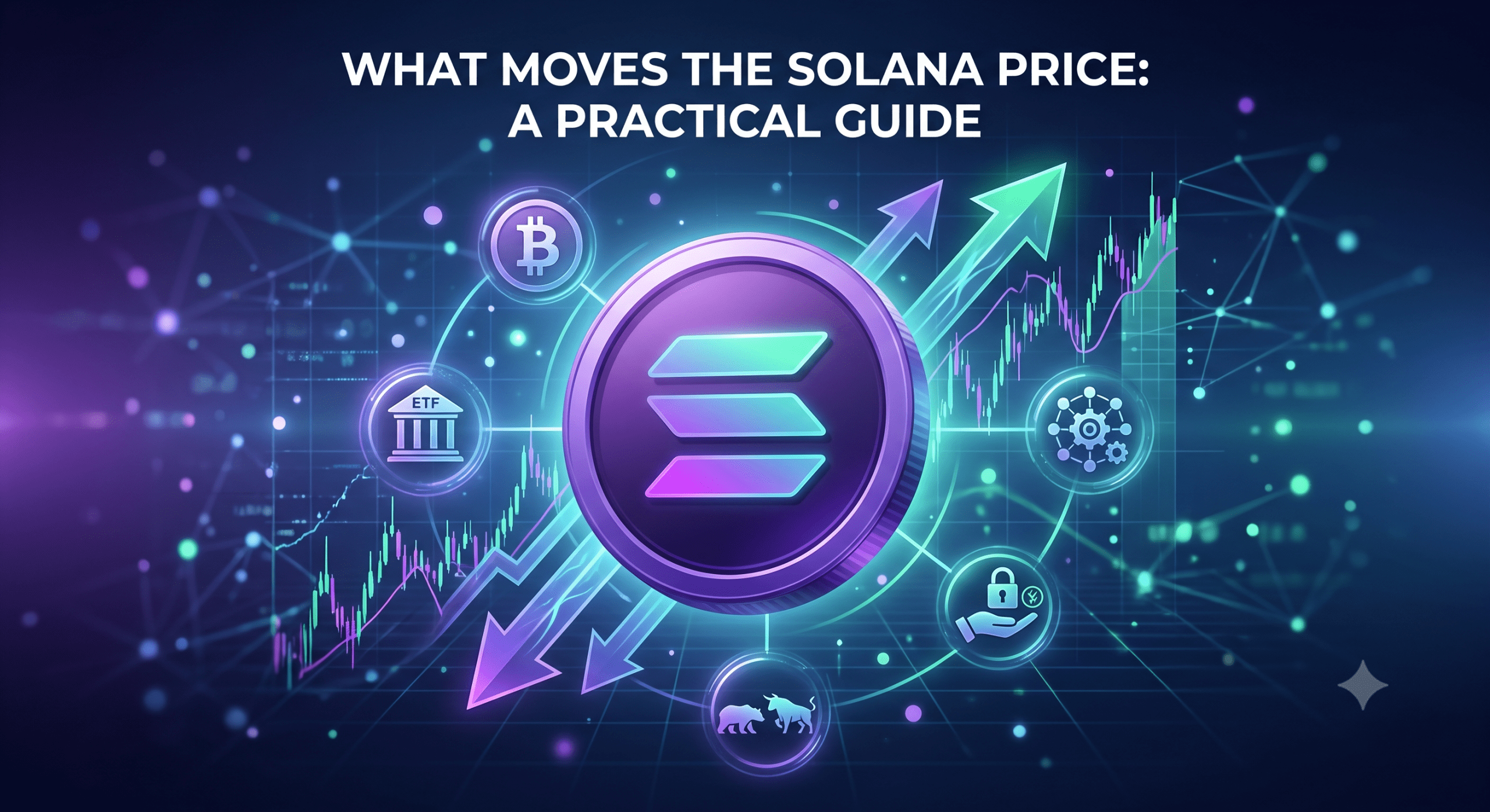 Graphic titled "What Moves the Solana Price: A Practical Guide," featuring a glowing 3D Solana logo in the center. It is surrounded by dynamic financial charts, upward and downward arrows, and interconnected circular icons representing market drivers like Bitcoin, ETFs, network activity, security, and bull/bear market trends against a dark, high-tech background.