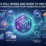 Infographic titled "What still works and when to hire help: A practical guide to NFT marketing in 2026." A glowing 3D geometric digital cube sits in the center against a dark, futuristic background. It is surrounded by interconnected nodes with icons and charts representing key marketing strategies: Community Discord, Real Utility (gaming, tickets, and memberships), Collab & Gathering, Legal Compliance (scales of justice and copyright), Content & SEO, and Profit vs. Product (primary sales, royalties, and tax compliance)