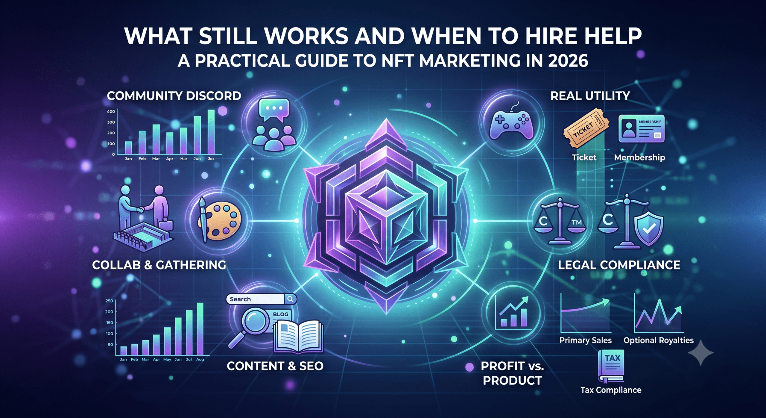 Infographic titled "What still works and when to hire help: A practical guide to NFT marketing in 2026." A glowing 3D geometric digital cube sits in the center against a dark, futuristic background. It is surrounded by interconnected nodes with icons and charts representing key marketing strategies: Community Discord, Real Utility (gaming, tickets, and memberships), Collab & Gathering, Legal Compliance (scales of justice and copyright), Content & SEO, and Profit vs. Product (primary sales, royalties, and tax compliance)