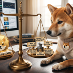 A Shiba Inu dog looking at a balance scale weighing a Shiba Inu cryptocurrency coin against investment risks.
