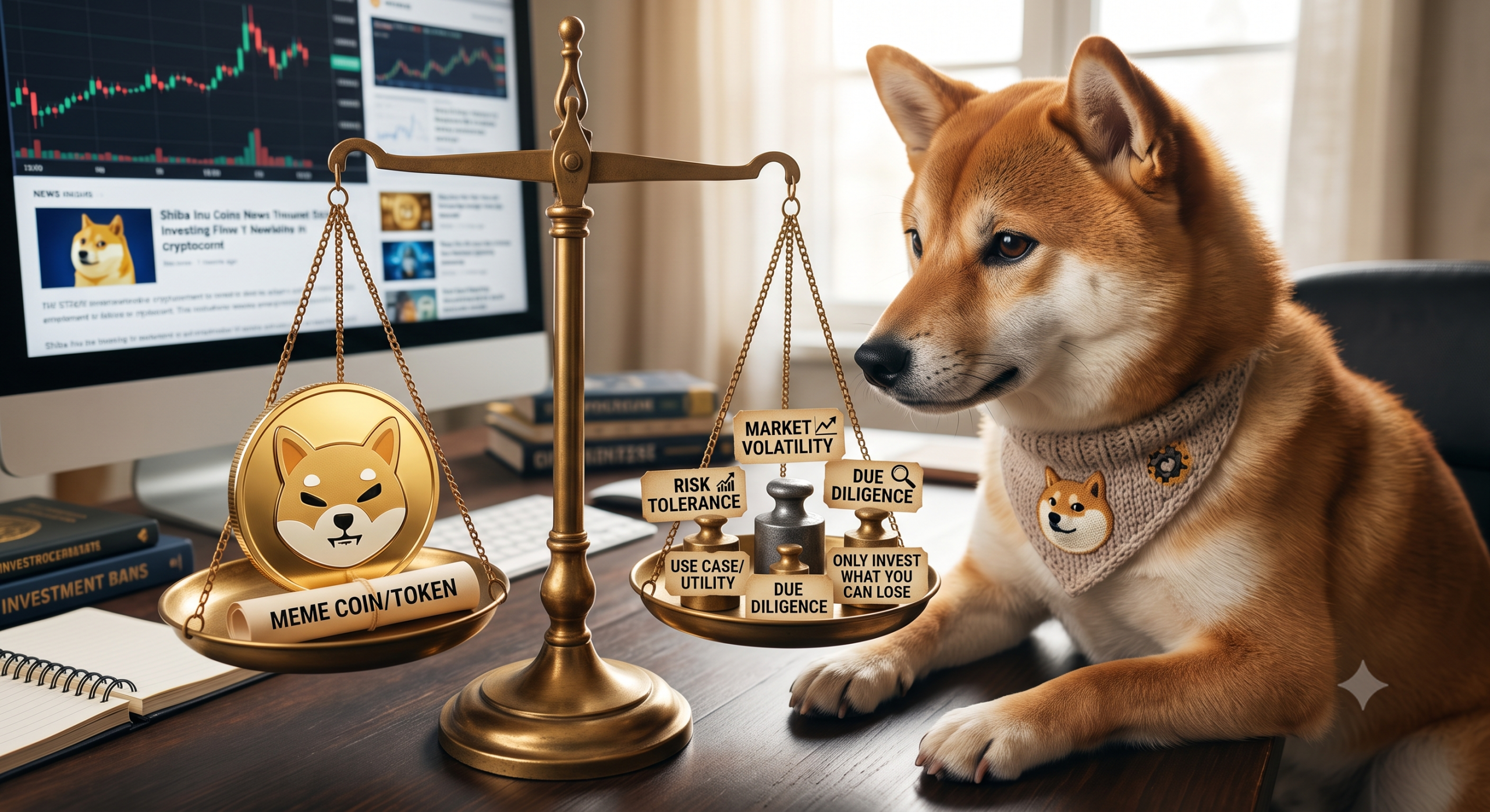 A Shiba Inu dog looking at a balance scale weighing a Shiba Inu cryptocurrency coin against investment risks.
