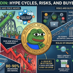 A detailed infographic titled 'Pepe Coin: Hype Cycles, Risks, and Buyer Guide.' The center features a gold coin with the Pepe the Frog meme and the text 'No product, no roadmap, openly exists for fun.' Surrounding panels illustrate extreme market volatility with a rollercoaster hitting an $11 billion market cap and red arrows showing 80-90% drawdowns. Other sections highlight risks like hackers representing copycat scams and a broken chain representing a lack of SEC protection. The bottom right features a 'Rules of Engagement' guide with steps for buyers: verify contract addresses, use separate burner wallets, revoke token approvals, size like a bet, and set hard take-profits.