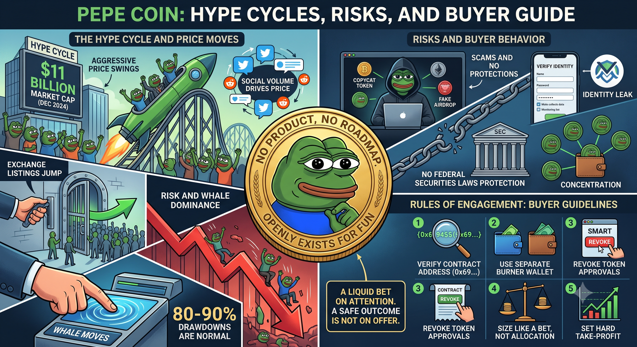 A detailed infographic titled 'Pepe Coin: Hype Cycles, Risks, and Buyer Guide.' The center features a gold coin with the Pepe the Frog meme and the text 'No product, no roadmap, openly exists for fun.' Surrounding panels illustrate extreme market volatility with a rollercoaster hitting an $11 billion market cap and red arrows showing 80-90% drawdowns. Other sections highlight risks like hackers representing copycat scams and a broken chain representing a lack of SEC protection. The bottom right features a 'Rules of Engagement' guide with steps for buyers: verify contract addresses, use separate burner wallets, revoke token approvals, size like a bet, and set hard take-profits.